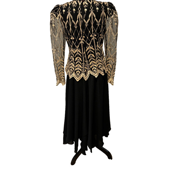 Vtg Cachet Midi‎ Formal Black Chiffon Dress lace Gold overlay sz 9/10 whimsigoth - Picture 2 of 11
